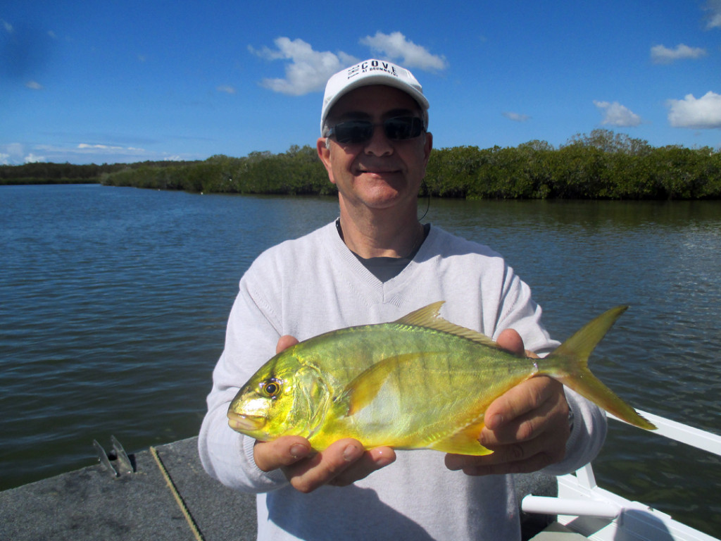 Gary from Sydney pulled up this nice golden trevally just off the river mouth aboard Noosa River Fishing & Crab Adventures 17/08/15 
